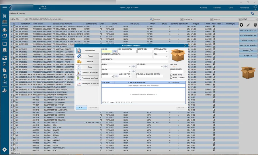 Selfplus: cadastro de produtos. Mais de 4 mil itens com GTIN, grupo, marca, preço, saldo e dados fiscais.