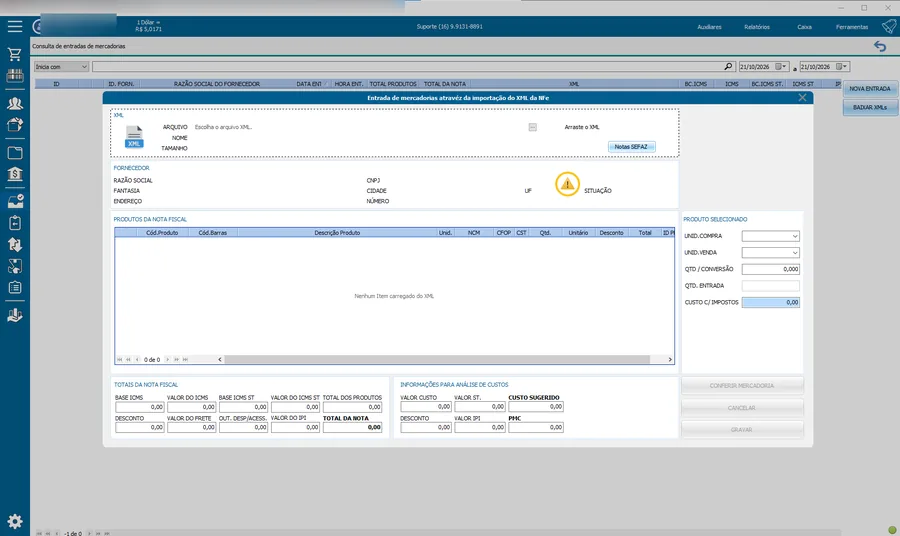 Selfplus: entrada por xml da nf-e. Arraste o XML ou busque na SEFAZ: fornecedor, itens, impostos e custo sugerido.