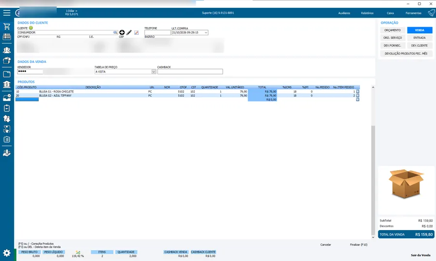 Selfplus: venda completa. Cliente, vendedor, tabela de preço e itens com NCM, CFOP, CST, ICMS e IPI.
